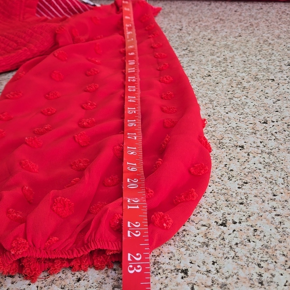 She + Sky Red Stretch Crop Top Semi Sheer Puff Sleeves w/ Popcorn Bumps Size S - Picture 10 of 10